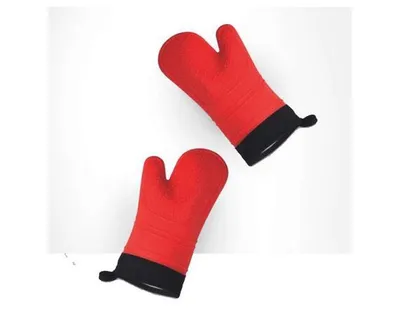 Produktbild von Silikon Ofenhandschuhe Hitzebeständige Grillhandschuhe Anti-Rutsch Kochhandschuhe mit weichem Baumwoll-Innenfutter Handschuhe bis 240°C - Rot