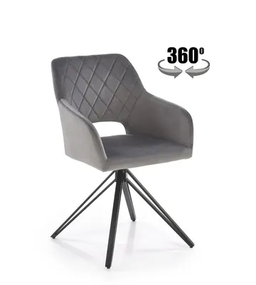 A gray swivel chair with a diamond-stitched backrest and black metal legs, set against a white background. A graphic indicating 360-degree rotation is present.