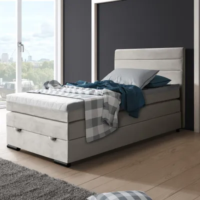 Produktbild von Boxspringbett Tulia 120 x 200 cm Einzelbett mit Topper Bett mit Taschenmatratze und Federkernmatratze Bettkasten, Stoff: mono 232 - Beige
