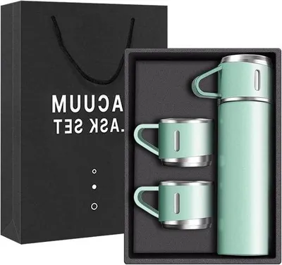 Immagine prodotto di Borraccia termica in acciaio inossidabile con bicchiere - 500 ml - 16 oz - Set da viaggio - verde - tre pezzi