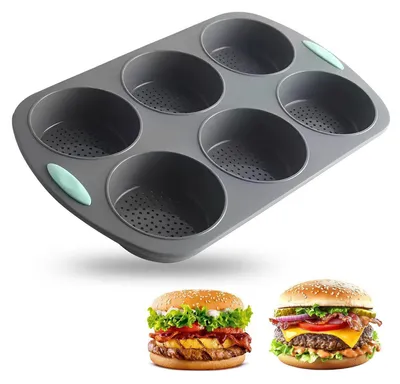 Productafbeelding van Burgerbroodjes bakvorm, siliconen, 6 kuiltjes, 10 cm diameter, antiaanbaklaag, rond