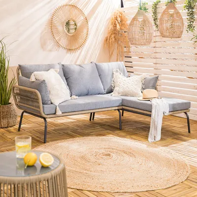Produktbild von home24 Loungeset- 3-teilig - Polyrattan / Webstoff