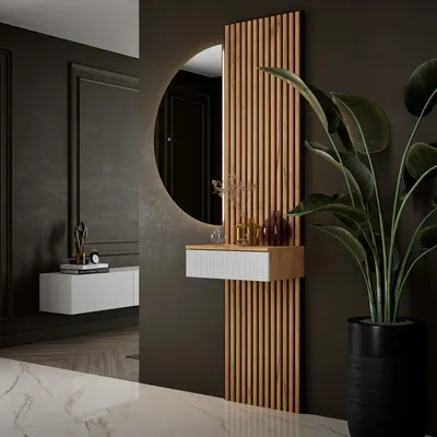 Produktbild von Planetmöbel AMYRA Garderoben Set 50 cm in Gold Eiche / Weiß, NIVORA Spiegel & Akustikpaneel