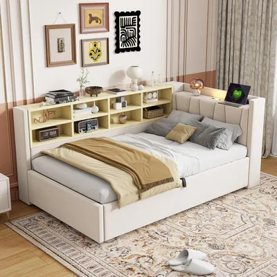 Produktbild von Polsterbett Schlafsofa 90*200 cm, Mit Hydraulischem Stauraum, Mit Nachtlicht, USB- und Typ-C-Ladeanschluss, Mit Ablagen und Staufächern, Gepolstertes Kopfteil, Multifunktionsbett, Samtstoff, Beige