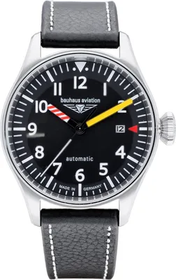 A close-up studio shot of a men's wristwatch with a black dial and a black leather strap.