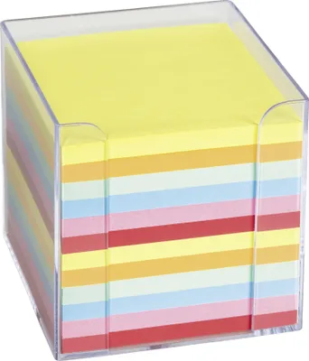 Produktbild von Zettelbox 9,5x9,5x9,5cm transparent mit farbigen Papier Packung mit 12 Stück