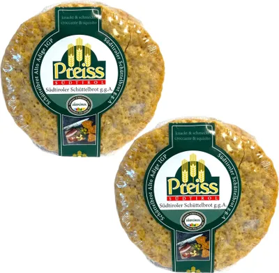 Produktbild von Preiss Südtiroler Schüttelbrot 2x200G [80% Roggenanteil] - Traditionell handgeschüttelt Südtiroler spezialitäten knusprig nach traditionellem Rezept