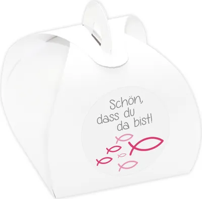 Produktbild von 24 x Kartonagen + Aufkleber 'Fische' Gastgeschenke Set für Taufe, Kommunion, Konfirmation (Schön, dass du da bist! - pink)