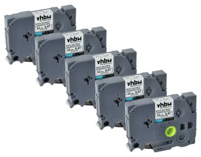 Produktbild von vhbw 5x Schriftband-Kassette kompatibel mit Brother PT H107B, H108, H108GT, H105VP, H110 Etiketten-Drucker 8m x 12mm Schwarz auf Weiß Sicherheitsband