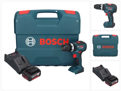 A collage of images showing a Bosch cordless hammer drill, its case, batteries, and charger.