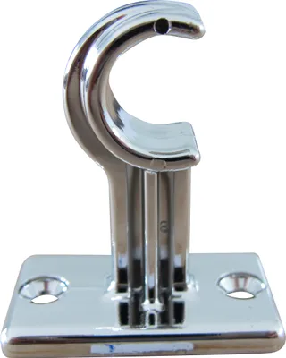 A close-up studio shot of a single chrome-plated curtain rod bracket.