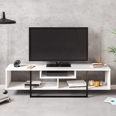 Image de Meuble TV Decorotika Asal 150 cm avec compartiments et pieds métalliques pour téléviseurs jusqu'à 65 pouces | Blanc et noir