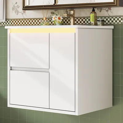 Immagine prodotto di Mobile lavabo autoportante, mobiletti da bagno da parete, lavabo da bagno con luce a sensore a LED, 2 cassetti e vano contenitore, colore bianco