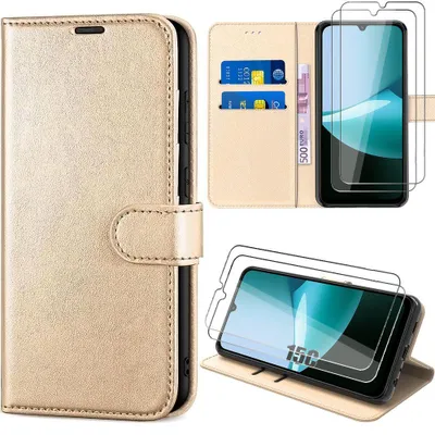 Image de Coque + 2 Verres Trempés pour Xiaomi Redmi 15C 4G/5G, Protection Anti-Rayures Antichoc CuirPolyuréthaneDoré