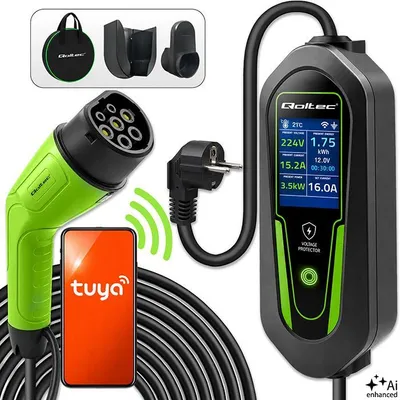 Image de Chargeur Qoltec pour véhicule électrique, type 2, avec prise Schuko, 3,5 kW, 16 A, câble de 5 mètres