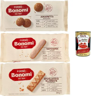 Produktbild von Forno Bonomi: Testpaket, Kekse Amaretti, Bonomi Sfogliatelle glassate, Savoiardi Ofen, Kekse nach der verpackten Tradition, die mit den besten Naturprodukten + Italian Gourmet polpa 400g