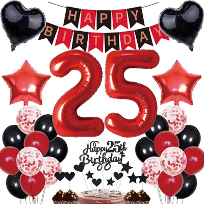Produktbild von Dekorationsset zum 25. Geburtstag – Partydekoration in Rot und Schwarz