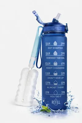 Produktbild von Sport Trinkflasche 1 Liter mit Motivations-Skala, Shaker-Ball und integriertem Strohhalm – Trinke während deiner Aktivität (Blau + Reinigungsbürste)