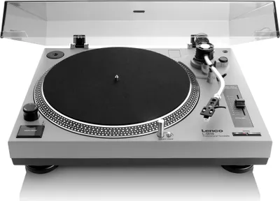 A turntable is shown from a front-facing, slightly elevated angle against a white background.