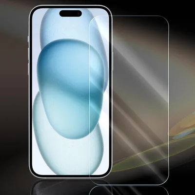 A screen protector is shown placed over a smartphone.