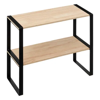 A two-tiered shelf unit with a wooden top and bottom, supported by a black metal frame.