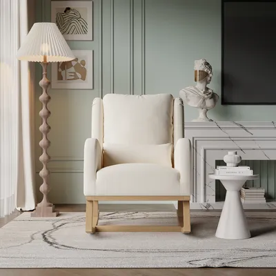Image de Fauteuil à bascule Fauteuil à bascule Fauteuil de salon Fauteuil relax, tissu velours Fauteuil de lecture Fauteuil à oreilles Fauteuil lounge, chaise de lecture pour chambre à coucher, Beige