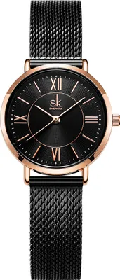Produktbild von Alienwork Armbanduhr Damen Roségold Metall Mesh Armband Edelstahl Schwarz Ultra-flach Elegant