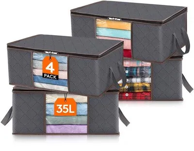 Produktbild von Famanu Aufbewahrungstasche mit verstärkten Griffen, Kleiderorganizer mit transparentem Fenster, Aufbewahrungsbox unter dem Bett, grau, 35 L, Set von 4