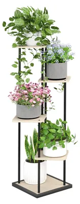 Productafbeelding van Plantenrek met 5 niveaus, gemaakt van hout en metaal, 106 cm hoog. Bloemenrek voor decoratie in de woonkamer, tuin, balkon of kantoor
