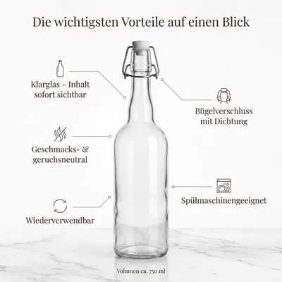 Produktbild von gouveo 6er Set Glasflaschen 750 ml Rondo mit Bügelverschluss rot - Bügelflasche 0,75 l zum Befüllen - Bügelverschlussflasche für Wasser, Limonade, Saft und Spirituosen