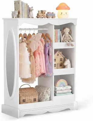 Imagen del producto de Armario infantil, armario para niños con espejo, barra para colgar ropa, habitación infantil con estanterías, color blanco