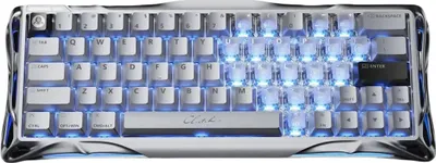 A top-down view of a gaming keyboard with blue backlighting.