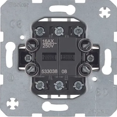 Close-up view of the back of a double-universal switch mechanism with screw terminals.