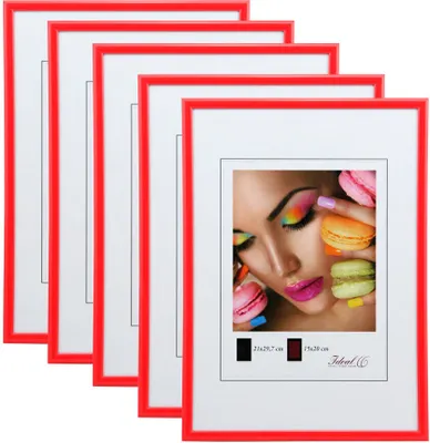 A stack of red picture frames with a sample image of a woman with colorful makeup and macarons inside the front frame.