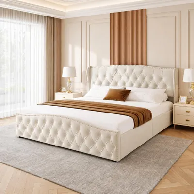 Image de Lit rembourré UnboxG 140 x 200 cm beige avec espace de rangement, lit double hydraulique à pression à gaz, lit avec rangement et sommier à lattes – Lit de chambre moderne