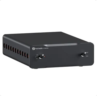 A black Fosi Audio V3 Mono amplifier is shown from a front-diagonal angle against a black background.