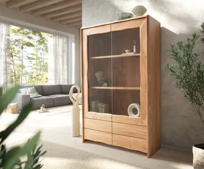 Produktbild von DELIFE Vitrine Live-Edge 120x190 cm Akazie Natur 2 Türen 4 Schubladen Massiv