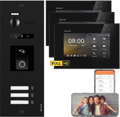 Produktbild von BALTER EVO HD Schwarz RFID/Fingerprint 3x7" WiFi Schwarz Video Türsprechanlage Set 3 Familienhaus