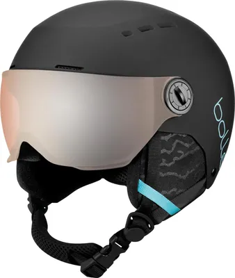 A black ski helmet with a silver visor and blue accents.