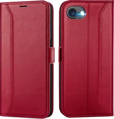 A red flip case for a smartphone is shown from the front and back.