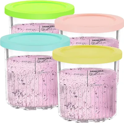 Produktbild von 4 Stück Creami Behälter für Ninja Creami Deluxe Ice Cream Maker NC501 NC501EU NC500 Series Pints und Deckel, BPA-Free, spülmaschinenfest, Rosa, Grün, Grau und Blau