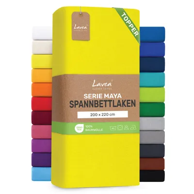 Produktbild von Lavea® Topper Spannbettlaken 200x220 cm, Maya 100% Jersey Baumwolle – Weiches Spannbetttuch Topper bis 10 cm- Sonnengelb