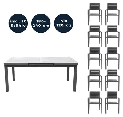 Produktbild von HOME DELUXE - Gartentisch ausziehbar - CALIDO - ca. 180 (240) x 97,5 x 76,5 cm - inkl. 10 Stühlen, Gestell Aluminium, Tischplatte Glas - inkl. Zubehör I Gartenmöbel Ausziehtisch Balkonset
