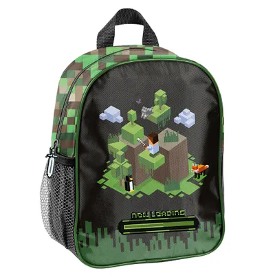 A Minecraft-themed kindergarten backpack is shown against a white background.