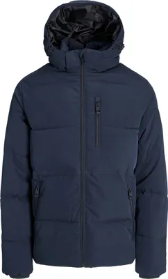 A navy blue puffer jacket with a hood, shown from the front against a white background.