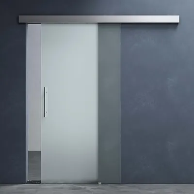 A frosted glass sliding door with a metal handle, mounted on a wall.