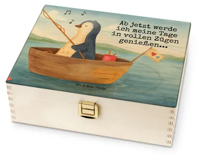 Produktbild von Mr. & Mrs. Panda Tee Box Pinguin Angelboot Design - Weiß - Geschenk, Teeaufbewahrung, Boot, Teebox, Teedose aus Holz, Tee-Aufbewahrungsbox, für Paare, Optimistisch