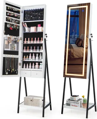 Immagine prodotto di Vetrina portagioie indipendente da 160 cm, espositore portagioie con serratura, LED a 3 colori, specchio a figura intera e 2 cassetti (bianco)