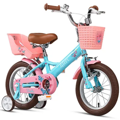 Kinderfahrrad 14 Zoll für Mädchen 3–5 Jahre, Retro-Stil, mit Puppensitz, blau