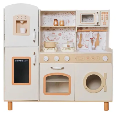 Produktbild von GINGER HOME Kinderküche aus Holz – Vintage-Modell mit elektronischen Kochfeldern, Licht, Soundeffekten und Spüle mit fließendem Wasser, 91 × 31 × 90 cm